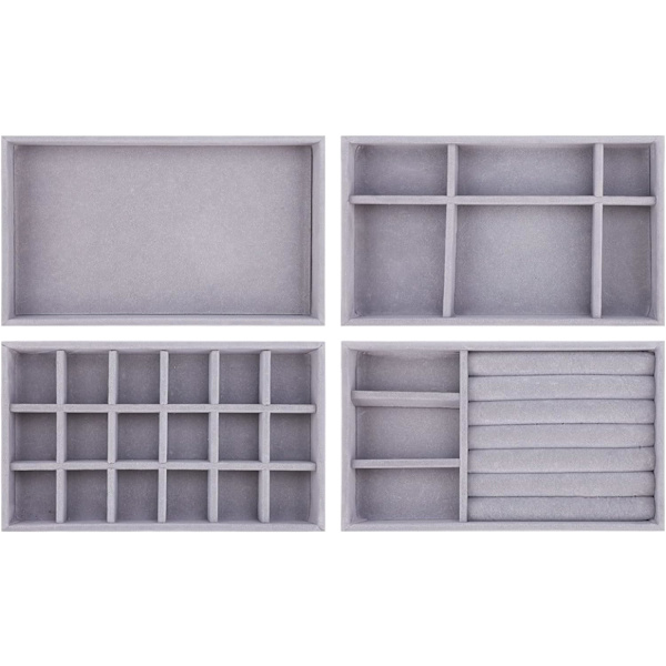 Smyckesfack Organizer Set om 4 Sammetsstapelbara Smyckeslådor Organizer Fack Örhänge Ring Halsband Armband Display Stativ Showcase Smyckesförvaring