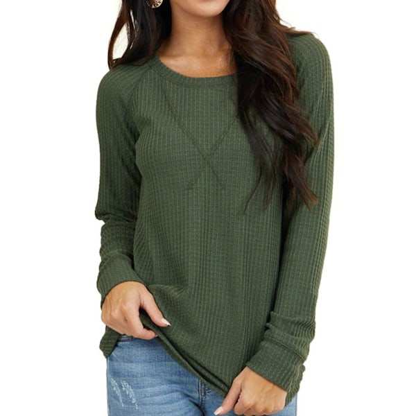 Dam Långärmad Topp Rund Hals Off Shoulder Enfärgad Lös Passform Dam Casual Skjorta för Arbete Dejting Grön XXL