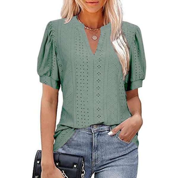 Blus med puffärm, V-ringning, ihålig, enfärgad, slim fit, kortärmad, ledig blus för kvinnor, dam, mörkgrön L