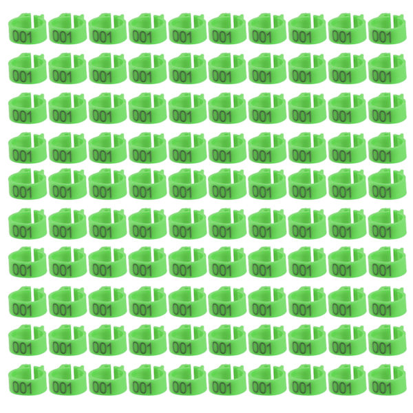 100 st/påse 8MM 001-100 Numrerade plastbrevduva fågelbenband ringar (grön)
