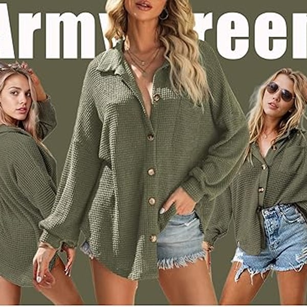 Våffelvåfflad Skjorta med Knappar Oversized Boyfriend Skjortjacka Lös Casual Dam Våffelvåfflad Shacket för Höst Vinter