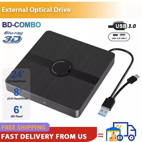 Extern Bluray DVD-enhet, Hög Prestanda och Funktionalitet, Portabel 3D Bluray Extern DVD-enhet för Windows och Mac, Kompatibel med USB 3.0 och