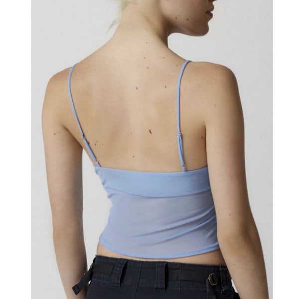 Dam Spaghetti Strap Genomskinlig Mesh Topp Slim Fit Vriden Knut V Ringning Ärmlös Camisole Tank Top Blå M