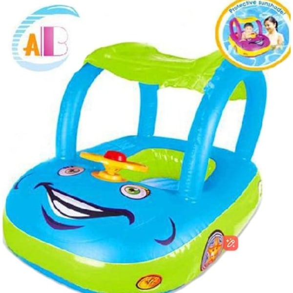 Uppblåsbar Baby Pool Float, Babybadring med Solskyddstak, Säkerhetssäte för Bilformade Poolleksaker, Justerbart Tak Upf50+