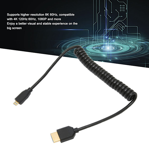 HD Multimedia Interface-kabel med fjäderåterdragning, A-hane till D-hane, 8K 60Hz, Micro HD Multimedia Interface-kabel