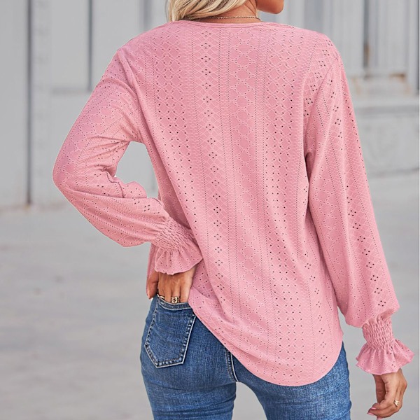Rynkad volang långärmad topp dam ledig elegant lös ihålig spets virkad V-ringad skjorta blus rosa XL