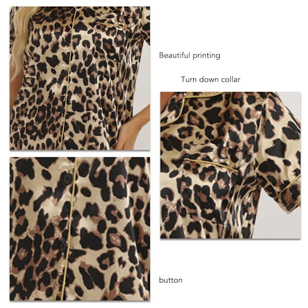 Dam Kortärmad Pyjamas Set Nedvikt Krage Vackert Tryck Tvådelad Topp Shorts Nattkläder Gul Leopardtryck S