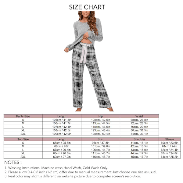 Dam Långärmad Pyjamas Set Dragsko Stängning Rutiga Byxor Tröja Topp Andningsbar 2 Delar Loungewear Set Grå S