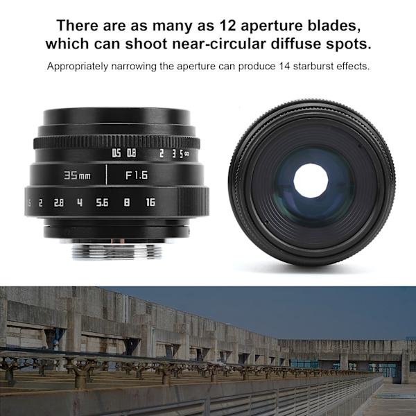 35mm F1.6 C-fäste Stor bländare Manuell fast fokus Porträttkameraobjektiv Tillbehörssvart