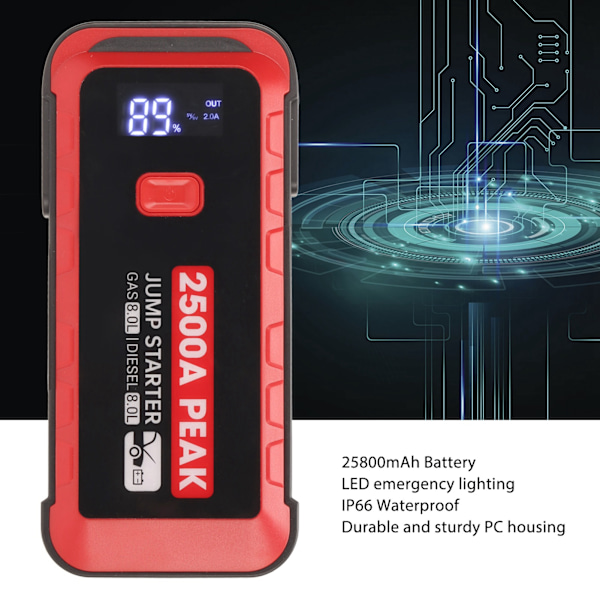 Bilbatteri Starthjälp 2500A 25800mAh USB Snabbladdning LCD-display Bärbar Starthjälp för 12V Fordon Camping