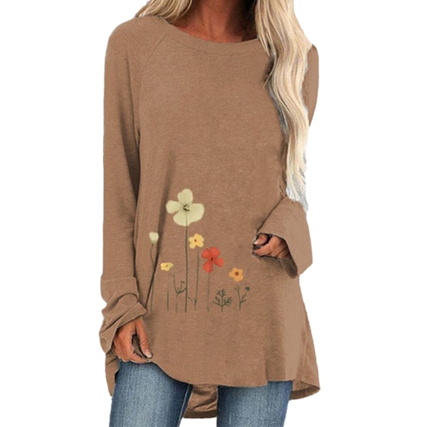 Dam Rundhalsad T-shirt Blommönster Långärmad Andningsbar Ledig Lös Blus Khaki S