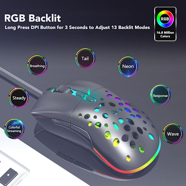 Trådlös mus med dubbla lägen, programmerbara knappar, RGB-bakgrundsbelysning, justerbar DPI, ergonomisk spelmus för spel, kontor och studier