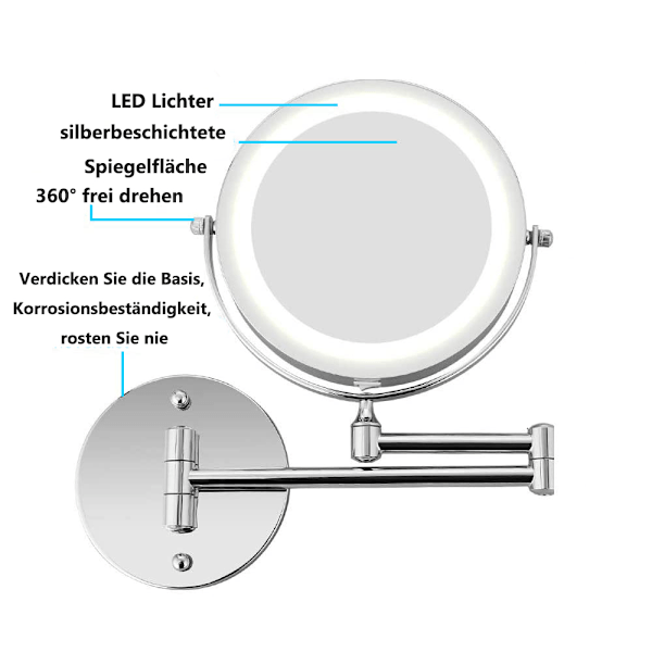 Veggmontert sminkespeil, 10X forstørrende tosidig LED-belyst sminkespeil for bad, 360° roterbart, USB-oppladbart og 7 tommer uttrekkbart