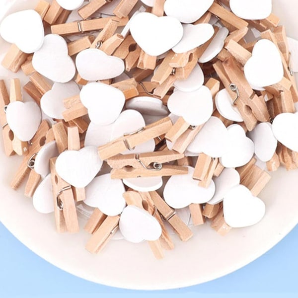 Pakke med 80 hjerteformet klesklyper, mini små klesklyper i tre, hvit