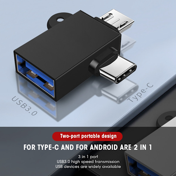 2PCS 2-i-1 USB OTG-adapter med USB 3.0-gränssnitt USB till typ C-adapterkonverter för Android (svart med kedja)