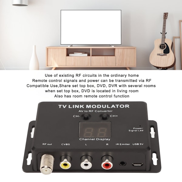 TV-länkmodulator Stödjer PAL NTSC Stabil Liten AV till RF-omvandlare med IR-retur för Set Top Box DVD DVR
