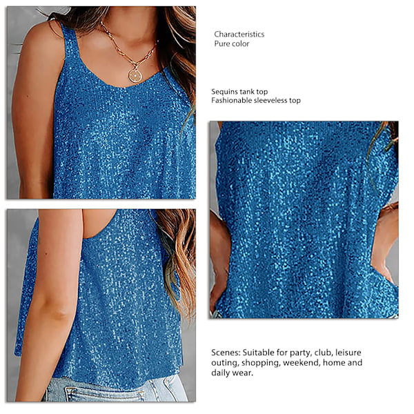 Dam Glittrig Paljettlinne Ärmlös Festlig Enfärgad Glitter Camisole för Party Klubb Blå XL