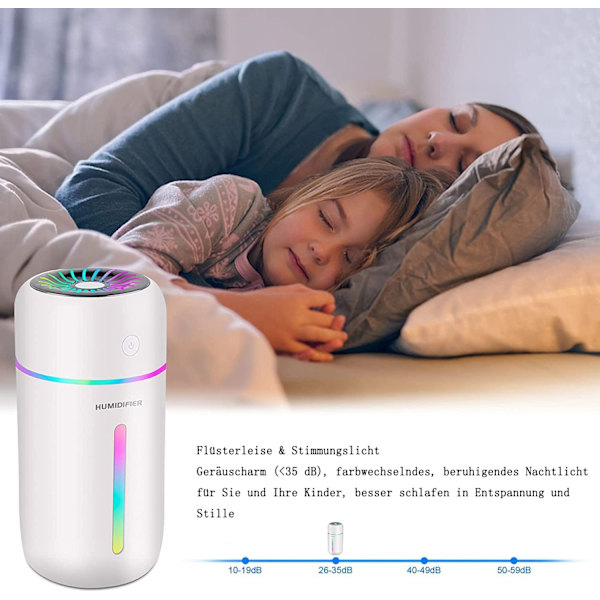 Mini luftfugter 300ml, genopladelig luftfugter med 1200 mAh batteri, automatisk slukning og natlysfunktion, til bil/kontor/soveværelse