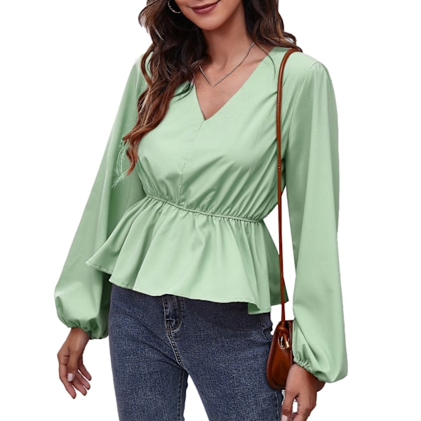 Dam V-ringad Blus Lykta Långärmad Smal Midja Volangfåll Enfärgad Elegant Casual Relax Fit Topp Grön L