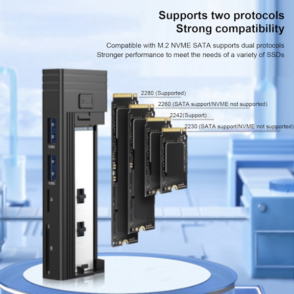 M.2 SSD-kabinett Multifunksjon USB3.2 Gen2 PCI Solid State Drive-kabinett for NVMe SATA for Windows for Linux for OS X