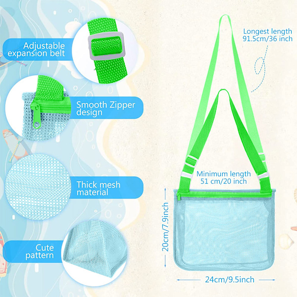 2 stk. Mesh Shell Bag, Strandveske for barn med justerbare bæreseler for oppbevaring av skjell, frukt, grønnsaker, snacks eller leker