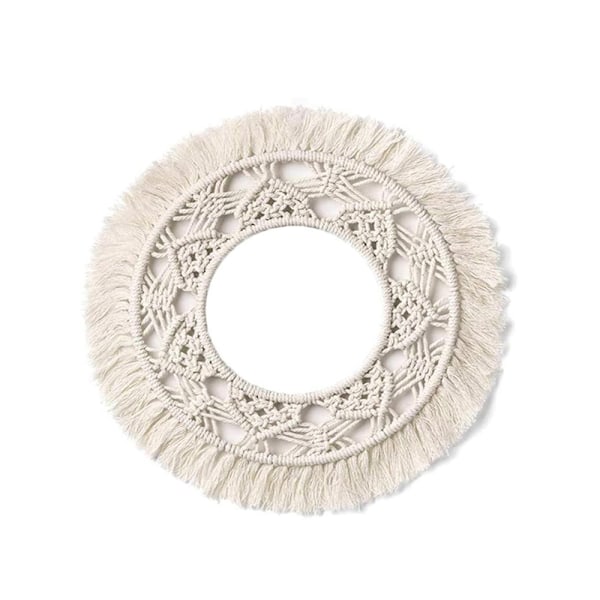 Elegant Spets Väggspegel, Bohemisk Inredning För Inomhusmiljöer, 25cm Ytterdiameter, 15cm Innerdiameter, Handgjord Av Bomull Och Metallringar,