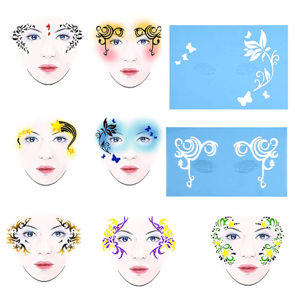 7styles/set Återanvändbar ansiktsmålning Stencil Kroppsmålning Mall Blomma Fjäril Ansiktsdesign