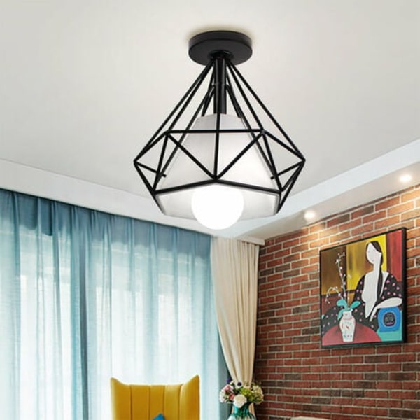 Retro industriell taklampa diamantformad bur 20 cm metalljärnkrona hängande ljusarmatur för vardagsrum sovrum kök, svart