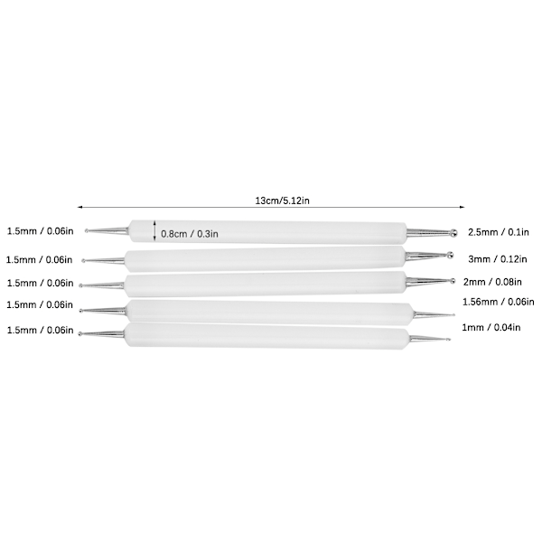 5 stk. dobbeltsidet akryl stang rund hoved ler indryknings pen DIY skulptur prik værktøj (hvid)