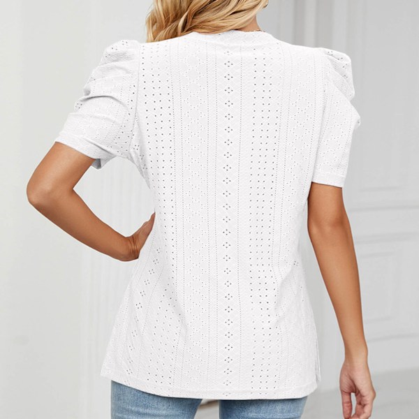 Dam Casual Kort Puffärm Topp V-ringad Enfärgad Elegant Festlig T-shirt för Sommar Vit XXL