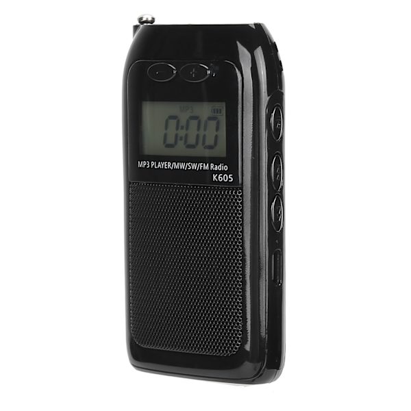 K-605 Mini MP3-soitin FM/SW/MW digitaalinen virityksellä varustettu radiovastaanotin LCD-näytöllä ja kuulokkeilla
