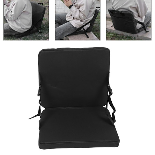 Vikbar utomhusstol med dyna, svart, dragkedjeförsedd ficka, portabelt handtag, justerbar golvstol för stadion, camping och resor