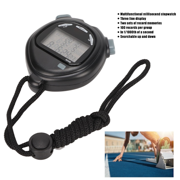 Digitalt stopur - Timer - Multifunktion - 3-linjers display - 100 omgange hukommelse - Nedtælling - 12/24 timers system - Sports stopur