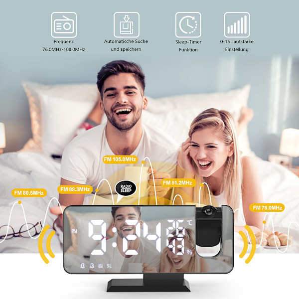 Digital Projektionsväckarklocka för Sovrum, Spegelskärm med Dubbla Alarm, Enkel Snooze-knapp