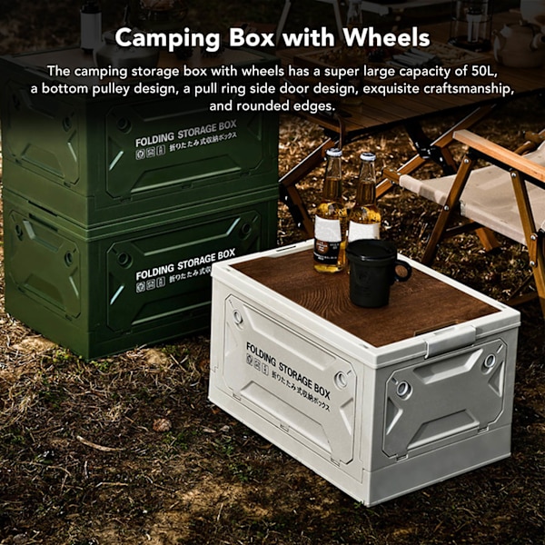 Sammenleggbar camping oppbevaringsboks med trelokk, sammenleggbar oppbevaringsboksbeholder med hjul for bilcamping piknik grå hvit