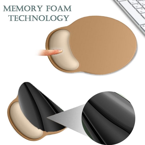 Halkfri musmatta med gummibas, ergonomiskt handledsstöd i memory foam, smärtlindring, minimalistisk design, bekväm yta, gott om plats för musen