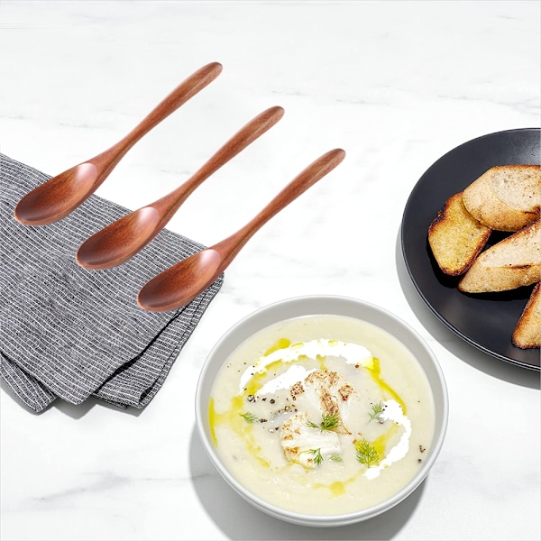 Treskje i tre med langt håndtak, solid treskje for ris, dessertskje, håndlaget skje og gaffel bestikk