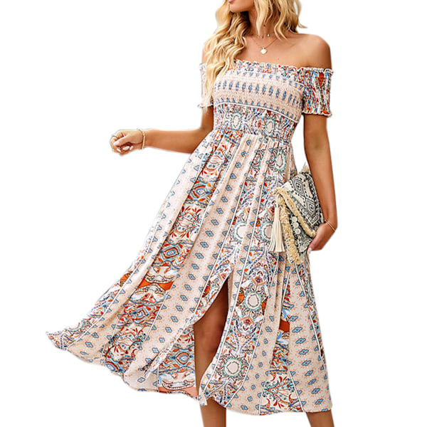 Dam En Del Off Shoulder Klänning Boho Blommig Tryckt Slits Lång Klänning för Sommarsemester Aprikos L