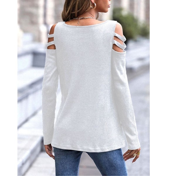 Dam Långärmad Topp V-ringning Dragkedja Utskuren Cold Shoulder Topp Ledig Skjorta för Höst Vinter Vit XL