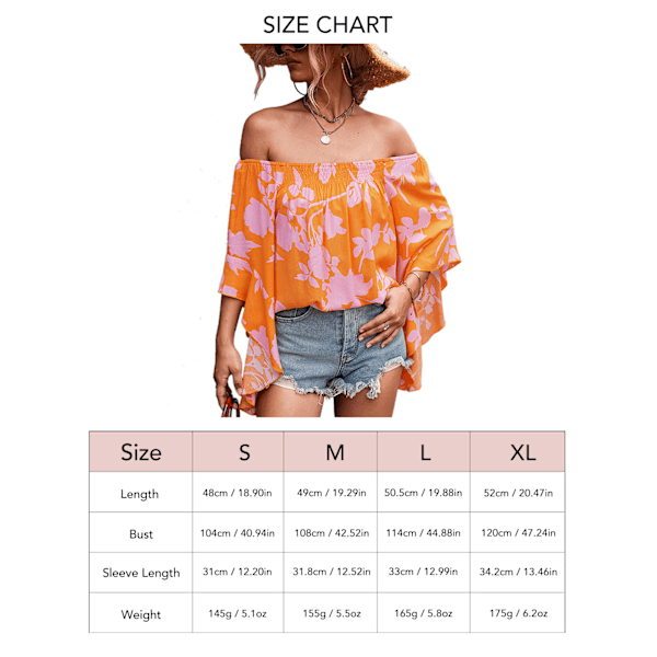 Dam Off Shoulder Toppar Sommar Hög Låg Fåll Lös Bell Ärm Shirred Blommig Tryck Skjorta Blus Orange L