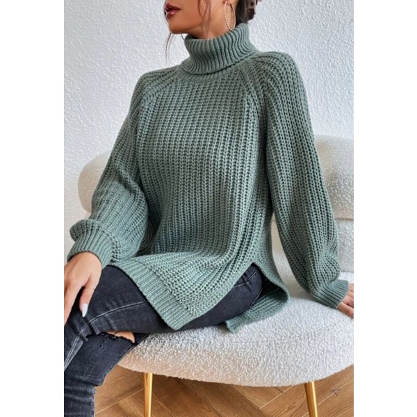 Stickad tröja med polokrage, stickad tröja med slits i nederkant light green M