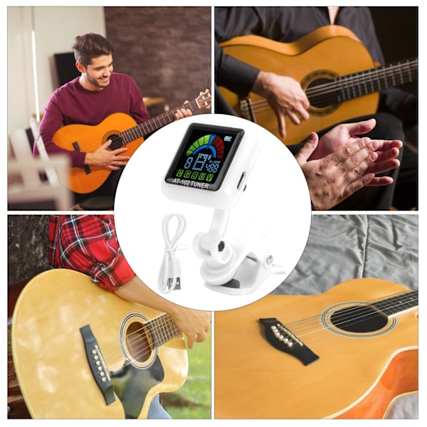 Aroma Gitar Clipon Tuner USB Oppladbar Innebygd Batteri Fiolin Ukulele AT102(Hvit )