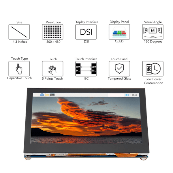 4,3 tommer QLED-touchskærm 78%NTSC dæmpbar 160 graders visuel 4,3 tommer DSI QLED-skærm til RasPi Pi4B/3B+/3A+/3B/2B+/A+