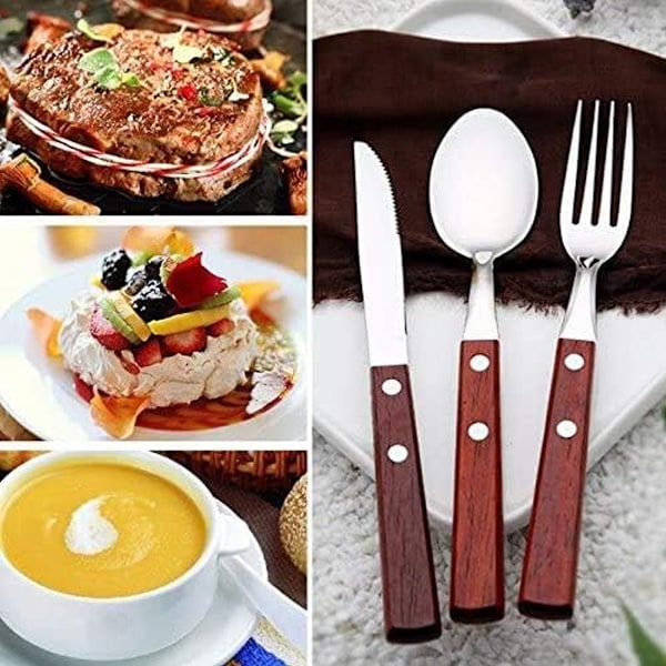 Utsökt Utseende Rustik Trähandtag Bestickset, 18 8 Rostfria Stål Redskap Med Naturligt Trähandtag För Mångsidig Användning