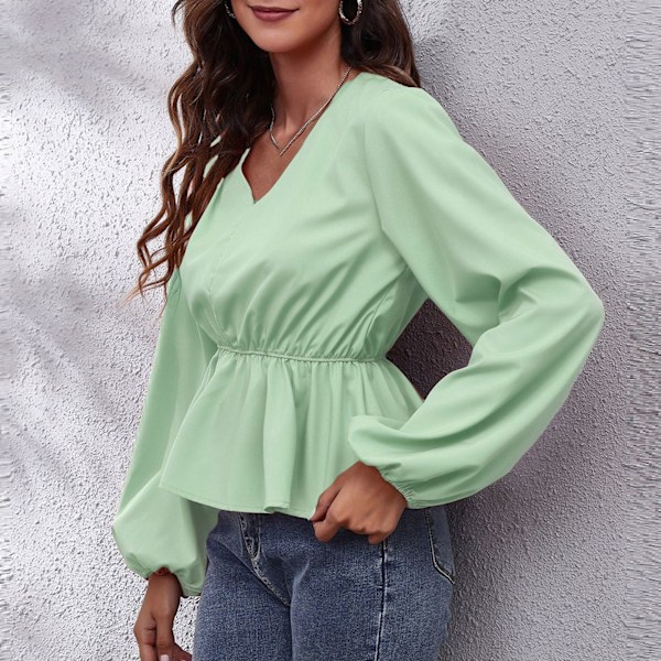 Dam V-ringad Blus Lykta Långärmad Smal Midja Volangfåll Enfärgad Elegant Casual Relax Fit Topp Grön L