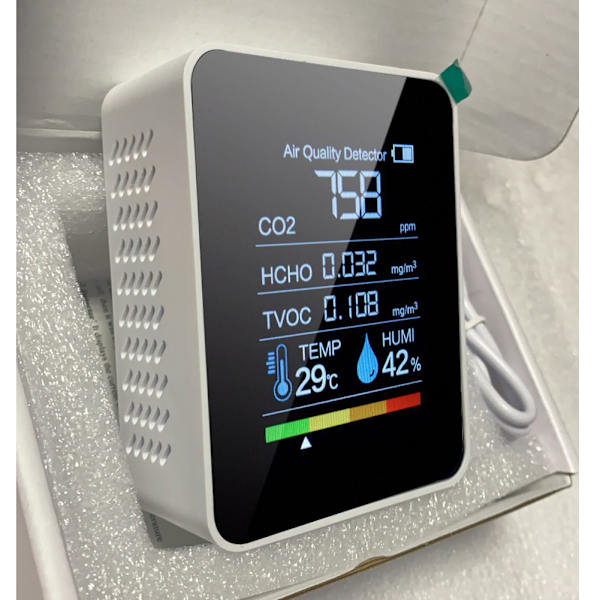 Koldioxiddetektor, Bekasa 5-i-1 luftkvalitetstestare inomhus CO2-mätare digital TVOC HCHO-monitor temperaturfuktighetssensor testare färgglad