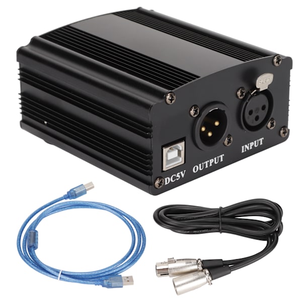 48V Phantom Power Supply 1-kanals kondensatormikrofon strømforsyning med XLR 3-bens kabel og USB-kabel
