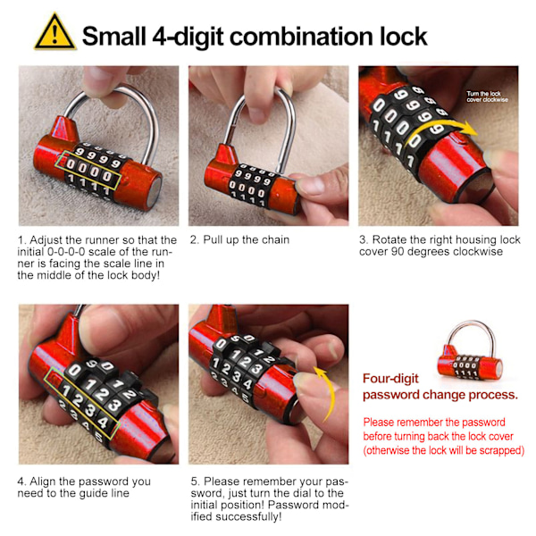 4 Dial Digit Code Combination Padlock Travel Suitcase Gym Locker Security Password Lock Red