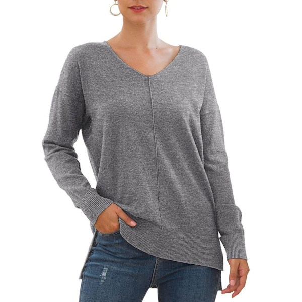 Stickad Tröja Långärmad V-ringad Enfärgad Sidosprund Pullover Casual Toppar för Kvinnor Grå M