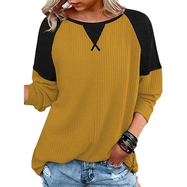 Dam Färgblockering Långärmad Rundhalsad T-shirt Elegant Rund Hals Kvinnlig Dam Färgblock T-shirt Gul XL